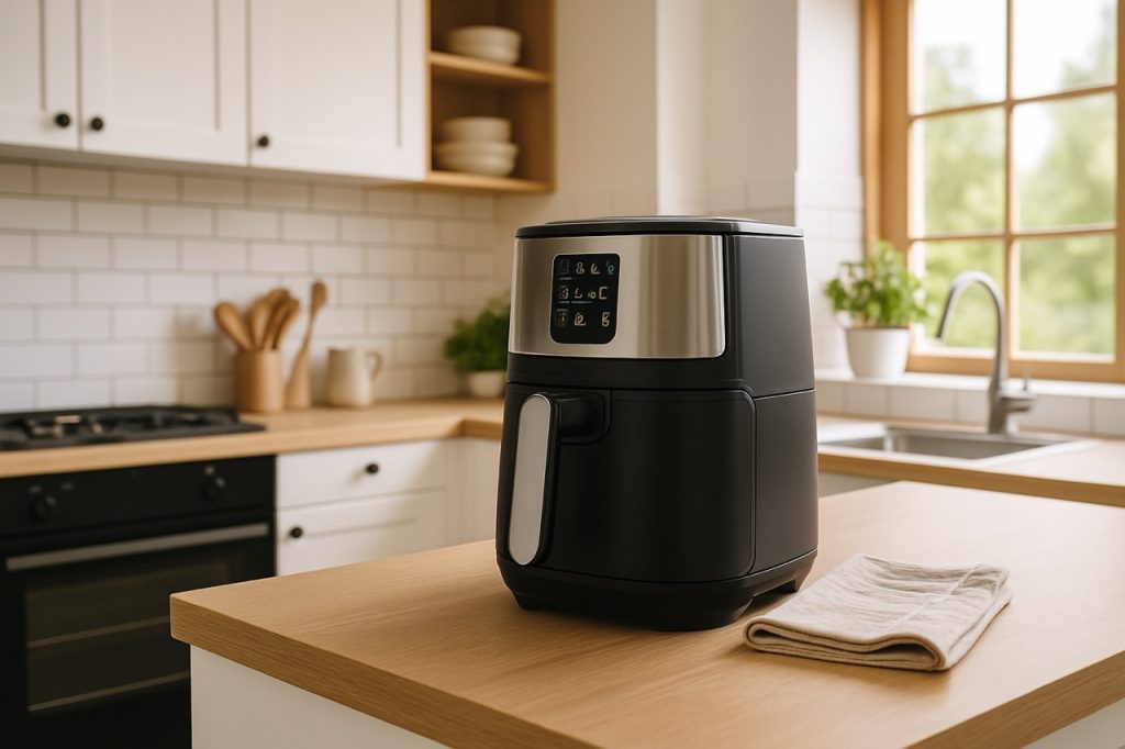 airfryer pöydällä ja ohjekirja