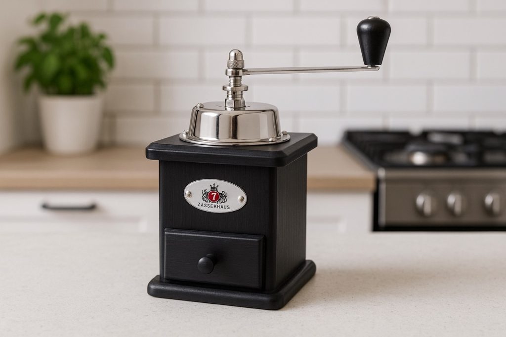 käsikäyttöinen kahvimylly keittiön pöydällä