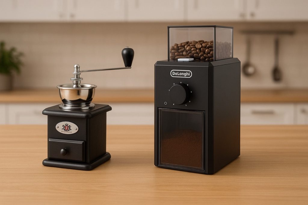sähköinen ja käsikäyttöinen kahvimylly pöydällä