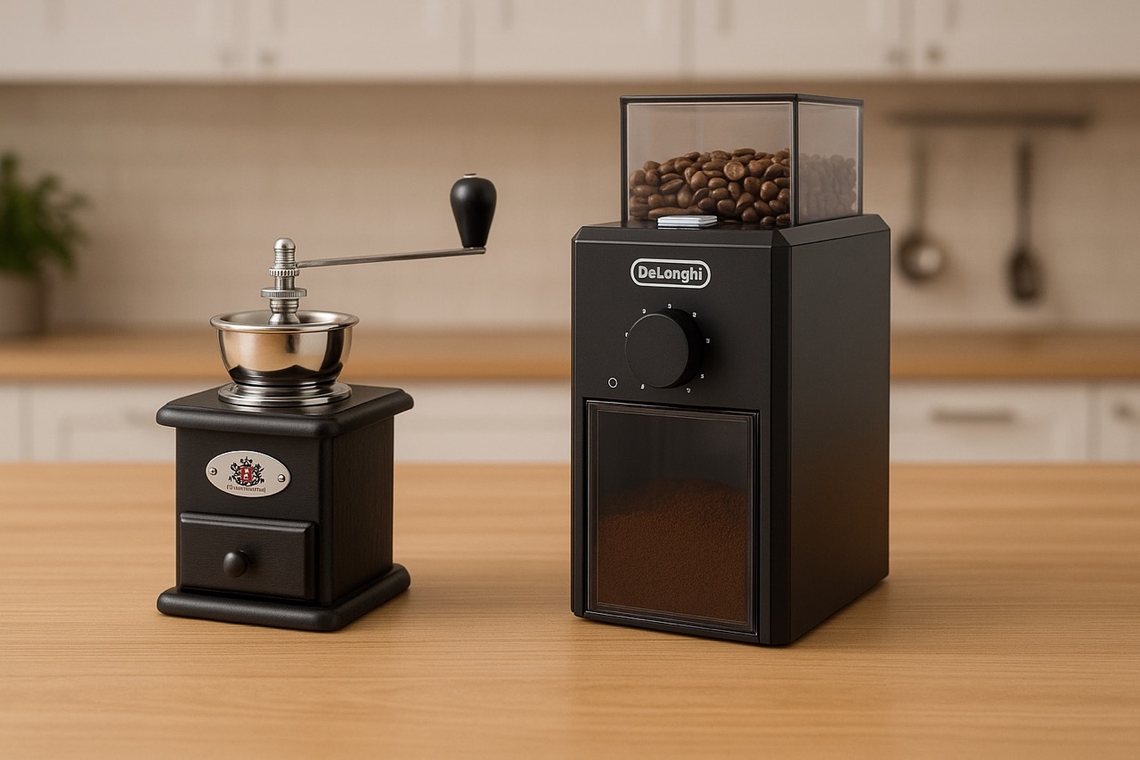 sähköinen ja käsikäyttöinen kahvimylly pöydällä