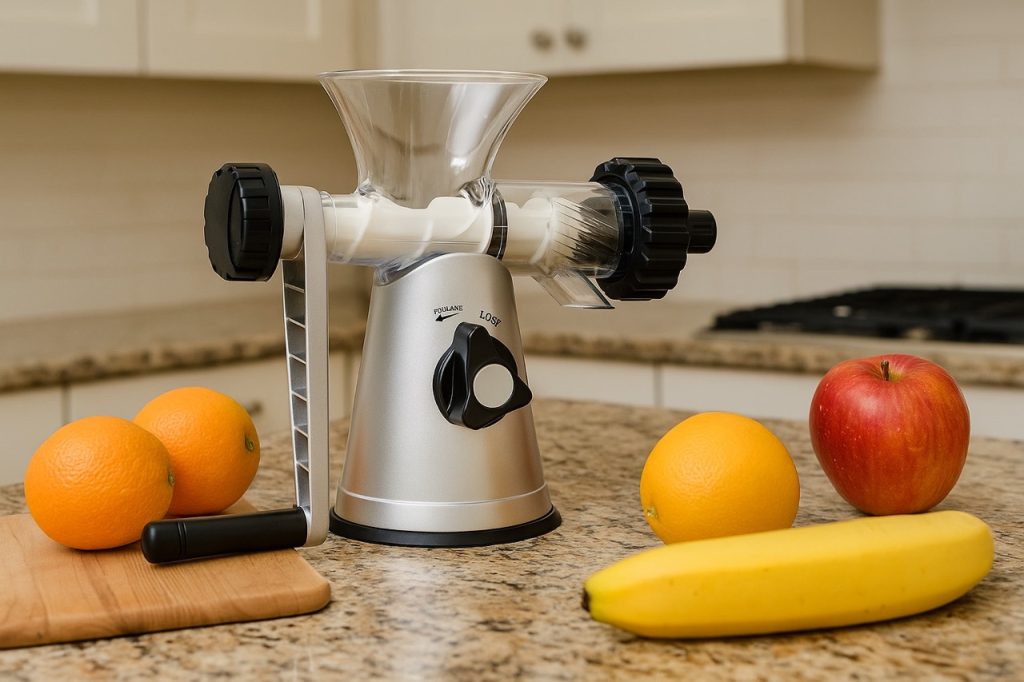 käsikäyttöinen mehupuristin ja hedelmiä pöydällä