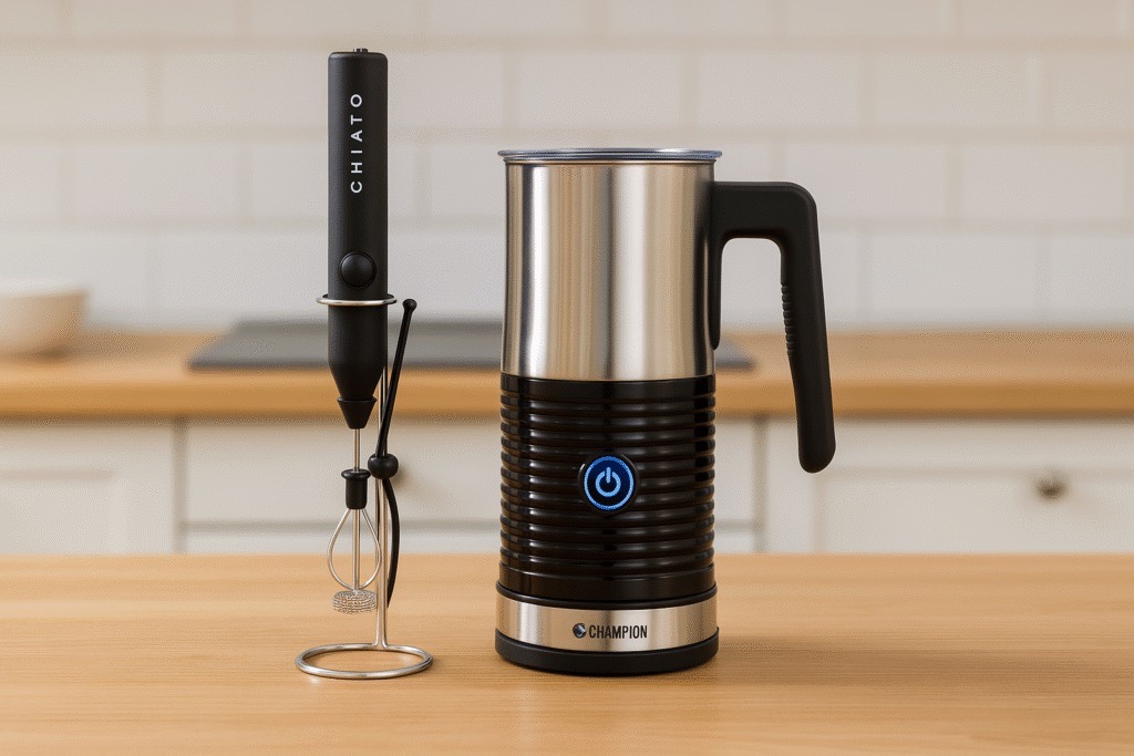 maidonvaahdotin sähköinen ja vispilämallinen pöydällä