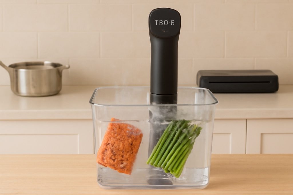 sous vide keitin keittiössä ja ruokaa