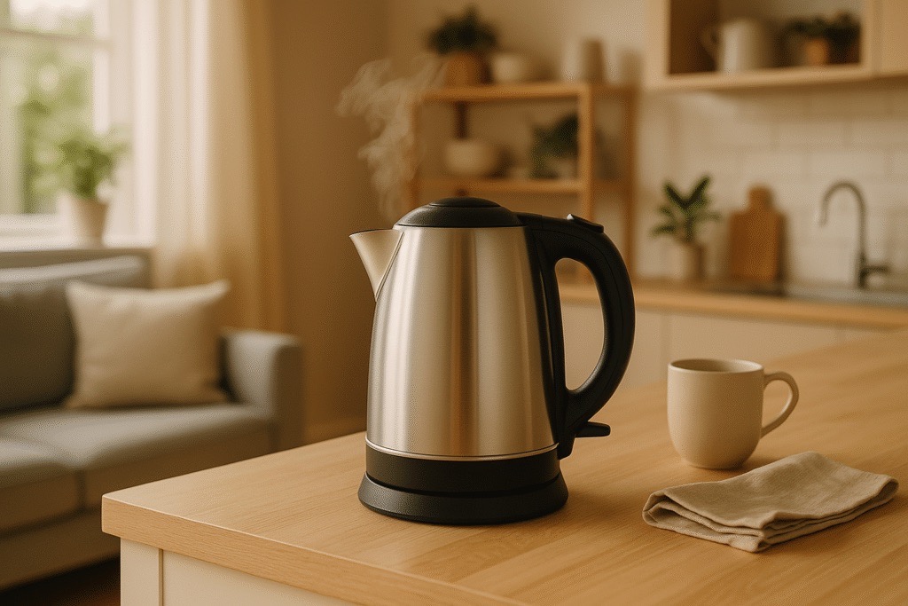 vedenkeitin ja teekuppi pöydällä